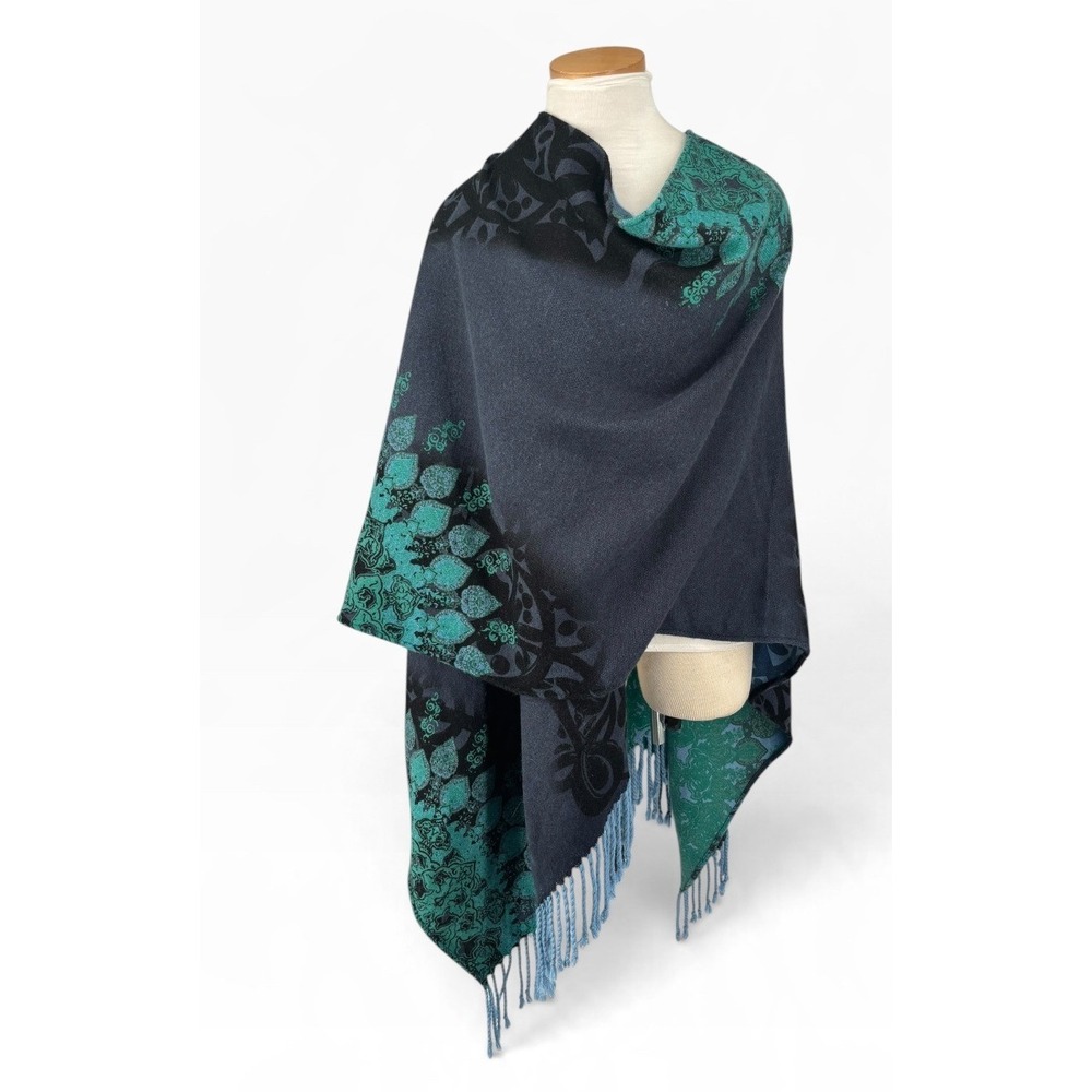 Chicos Ruana Poncho Womens OS Teal Charcoal Excellent Damask Fringe Wrap